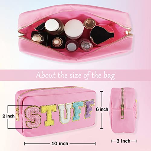 Preppy Patch Makeup Bag,Nylon Cosmetic Preppy Makeup Stuff Bag with Zipper,Stoney Clover Chenille Varsity Letter Stuff Bag,Travel Organizer Make Up Skincare for Women,Teen Girl and Kids(Pink)