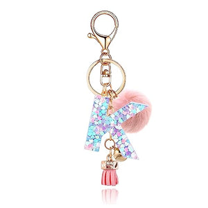 OKAICEN Pink-Purple Resin Alphabet Initial Letter Keychain Key Ring for Women Grils Purse Handbags with Faux Rabbit Fur Ball Pom