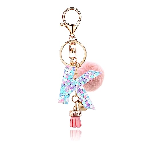 OKAICEN Pink-Purple Resin Alphabet Initial Letter Keychain Key Ring for Women Grils Purse Handbags with Faux Rabbit Fur Ball Pom