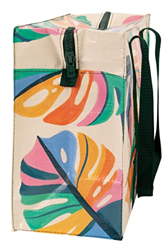 Blue Q Monstera Leaf Shoulder Tote is the carry-everywhere bag featuring a hefty zipper, exterior pocket, wrap-around straps, reinforced floor, 95% recycled material, 11" h x 15" w x 6.25" d