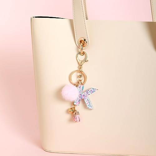 OKAICEN Pink-Purple Resin Alphabet Initial Letter Keychain Key Ring for Women Grils Purse Handbags with Faux Rabbit Fur Ball Pom