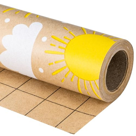 RUSPEPA Kraft Wrapping Paper Roll - Mini Roll - Sun and Cloud Design Great for Birthday, Party, Baby Shower - 17 Inches X 32.8 Feet