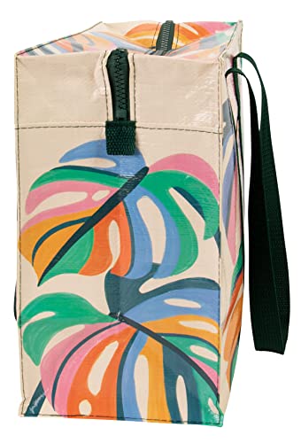 Blue Q Monstera Leaf Shoulder Tote is the carry-everywhere bag featuring a hefty zipper, exterior pocket, wrap-around straps, reinforced floor, 95% recycled material, 11" h x 15" w x 6.25" d