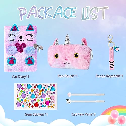 Cat Diary with Lock for Girls Halloween Gifts,Secret Journal Notebook Diary for Girls Ages 8-12,Kids Journals for Girls Christmas Gift Set,Secret Diary with Pen Pouch Panda Keychain Cat Paw Pen.