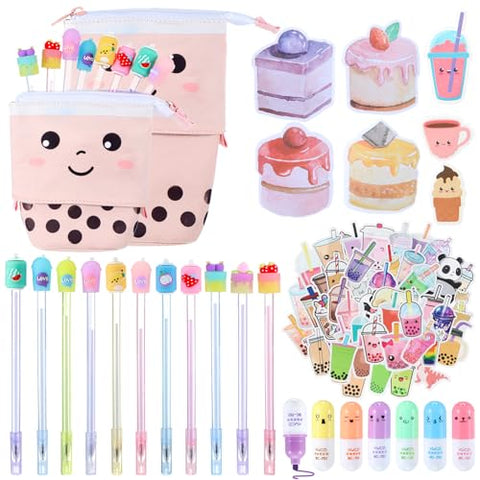 Sabary 228 Pcs Kawaii Stationary Set Include Telescopic Boba Pencil Pouch Case Bag Gel Ink Pen Sticky Note Bubble Tea Sticker Pill Highlighter Stationary Cute School Supplies for Christmas(Vivid)