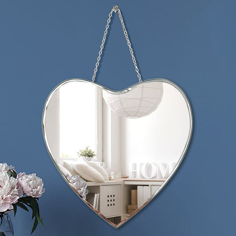 QMDECOR Heart Shaped Mirror with Iron Chain for Wall Decor 12x12 inch Wall Hang Real Glass Frameless Decorative Mirror Glam Mirror