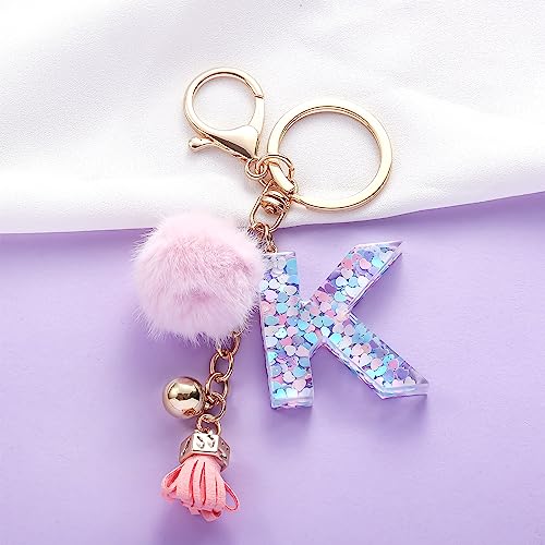 OKAICEN Pink-Purple Resin Alphabet Initial Letter Keychain Key Ring for Women Grils Purse Handbags with Faux Rabbit Fur Ball Pom