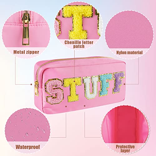 Preppy Patch Makeup Bag,Nylon Cosmetic Preppy Makeup Stuff Bag with Zipper,Stoney Clover Chenille Varsity Letter Stuff Bag,Travel Organizer Make Up Skincare for Women,Teen Girl and Kids(Pink)