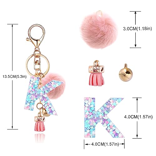 OKAICEN Pink-Purple Resin Alphabet Initial Letter Keychain Key Ring for Women Grils Purse Handbags with Faux Rabbit Fur Ball Pom