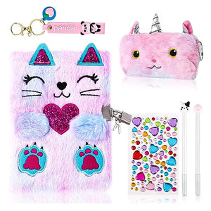 Cat Diary with Lock for Girls Halloween Gifts,Secret Journal Notebook Diary for Girls Ages 8-12,Kids Journals for Girls Christmas Gift Set,Secret Diary with Pen Pouch Panda Keychain Cat Paw Pen.