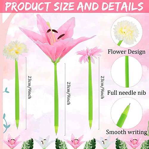 24 Pcs Flower Pens Daisy Rose Lily Carnation Shaped Ballpoint Pens Novelty Artificial Rose Pen 0.5 mm Black Gel Ink Pen for Kids Girls Women Students, Home Office School Gift Supplies (Beautiful)