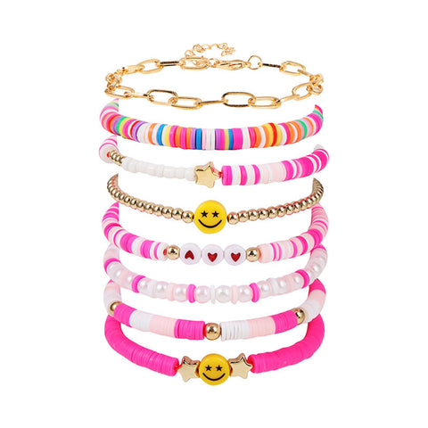 Preppy Heishi Surfer Bracelets Set, Colorful White Gold Smile Heart Star Evil Eye Beaded Polymer Clay Pearl Stackable Charm Y2K Kidcore Aesthetic Summer Beach Jewelry for Women Girls Teens