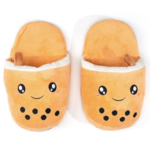 Glopastel Boba Slippers | Cute Anime Kawaii Bubble Tea | Plush Soft Fuzzy Non-Slip Satin Slip-On House Shoes | Indoors One Size Adults Teens Boba Stuff Fun Birthday Gifts (Beige, Women Small Medium)