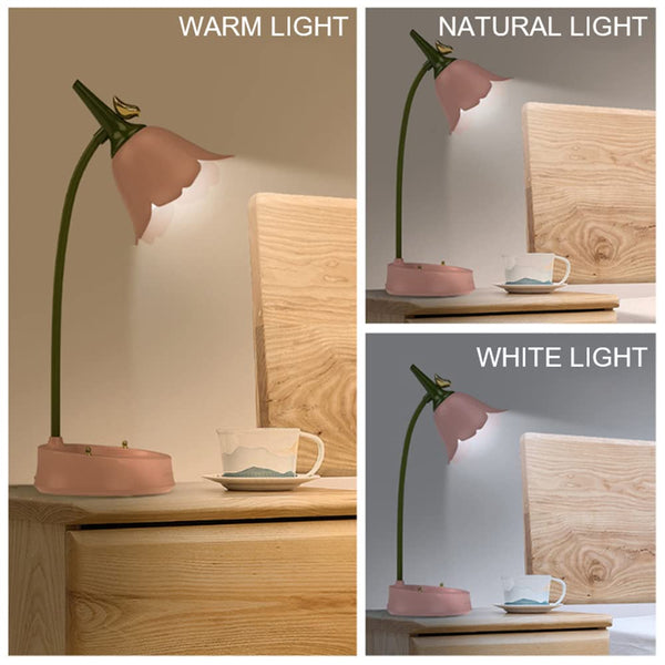 Flower LED Desk Lamp Cordless Table Light Adjustable Gooseneck Dimmable Touch Rechargeable Battery Student Bedroom Room Lighting Table Light House Decor (Pink)