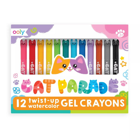 Ooly Cat Parade Gel Crayons for Kids and Adults - Set of 12 Rainbow Color Crayons for Glass and Paper Surfaces with Cat-Shaped, Twist-Up Caps - Easy To Clean, Smooth Gliding Gel Crayon Set