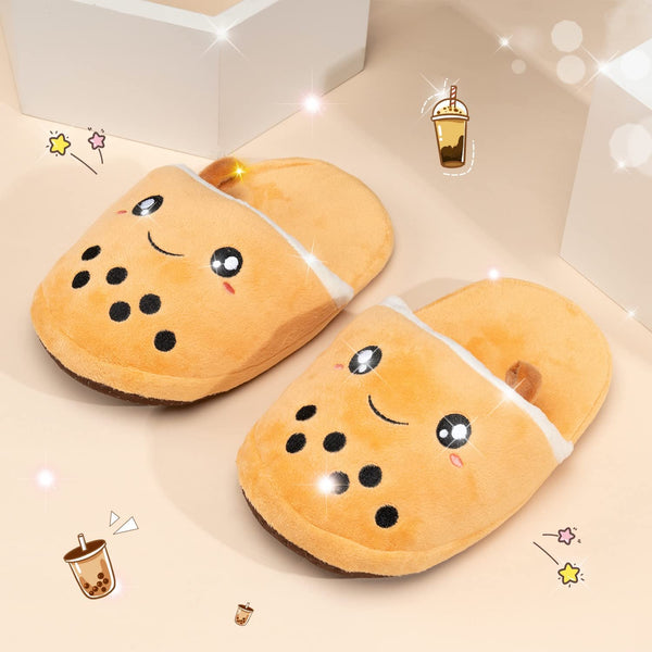 Glopastel Boba Slippers | Cute Anime Kawaii Bubble Tea | Plush Soft Fuzzy Non-Slip Satin Slip-On House Shoes | Indoors One Size Adults Teens Boba Stuff Fun Birthday Gifts (Beige, Women Small Medium)