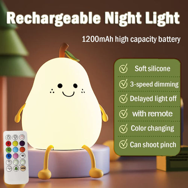 LEDHOLYT Night Light for Kids,Cute Silicone Nursery Pear Lamp for Baby and Toddler,Fruit NightLight with Remote, Squishy Night Lamp for Bedroom,Kawaii Bedside Lamp for Boys Girls Room