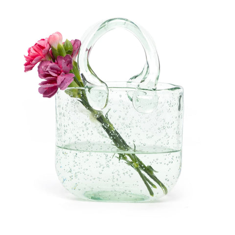 Haetingcare Hand Blown Glass Purse Vase, Clear Glass Vase with Handles, Good for Floral Arrangement, Centerpiece & Home Decor, Makeup Brush Holder Organizer, Glass Diffuser Bottle,Bud Vase_Small