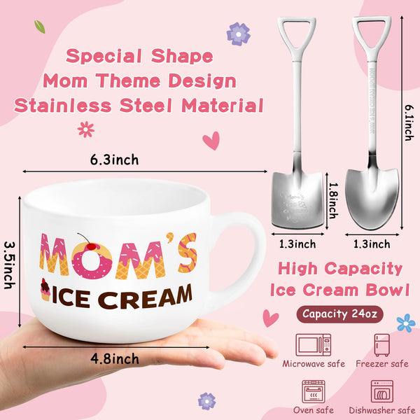 R HORSE Ice Cream Bowl Gift Set Mom Ice Cream Bowl Engraved Shovel Spoon Set with Best Mom Ever Card Gifts for Mom Woman Ice Cream Cereal Fruit Tableware Kit Mother’s Day Birthday Gift