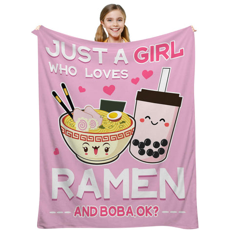 Just A Girl Who Loves Ramen and Boba Blanket, Cute Anime Blanket, Kawaii Gifts for Girls Teens, Ramen Noodles and Boba Tea Blanket, Funny Teens Girls Anime Room Decor, Hot Pink, 50"X40"