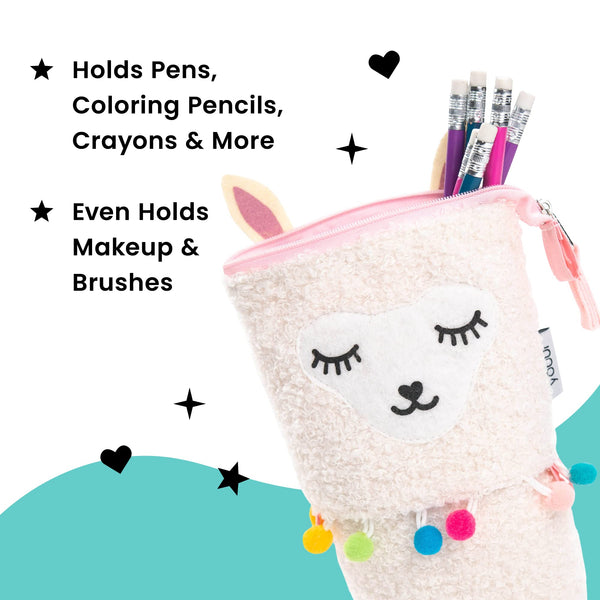 Yoobi Llama Standing Fuzzy Llama Cute Pencil Case for Kids & Adults – Zip-Up Large Pencil Holder – Multi-Use Storage Pouch – Pen Holder, Paint or Makeup Brush Holder