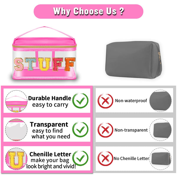 Chenille Letter Clear Makeup Bags Stuff Pouch, Preppy Patch Makeup Bag Zipper with Handle, Transparent PVC & Nylon Waterproof Glitter Cosmetic Handbag Travel Toiletry Storage for Women(STUFF-Rose)