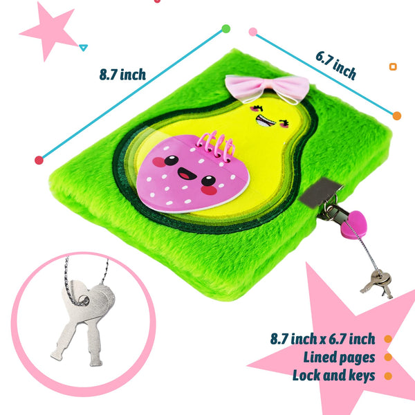 SuperStyle Diary for Girls with Lock and Keys, Cute Avocado Plush Diary Secret Diary, Writing Journal Lined Pages Notebook Side Pocket Design Gift Set for Kids