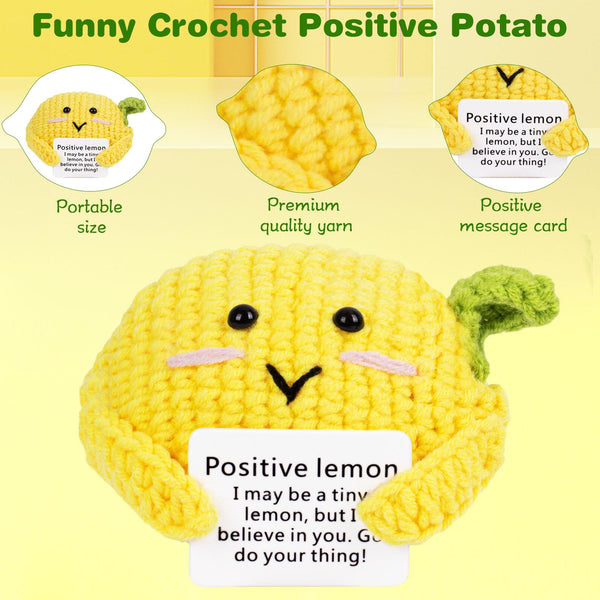 FreeNFond Positive Lemon, Funny Crochet Potato Partner with Positive Card, Cute Wool Knitted Lemon for Best Friend Encouragement Birthday Gifts