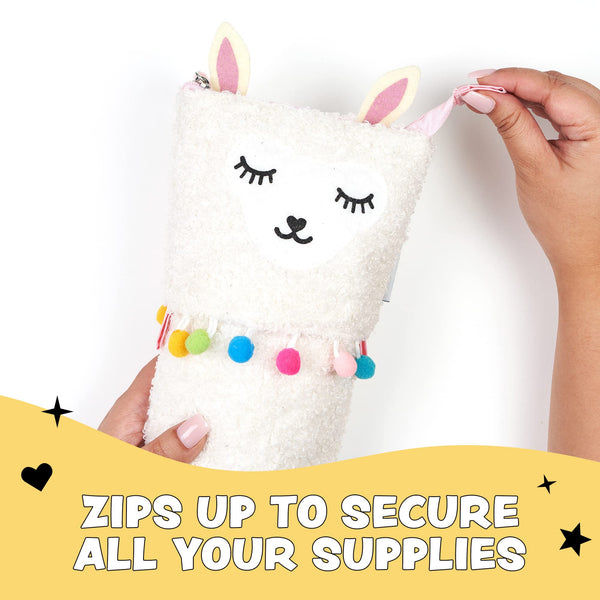 Yoobi Llama Standing Fuzzy Llama Cute Pencil Case for Kids & Adults – Zip-Up Large Pencil Holder – Multi-Use Storage Pouch – Pen Holder, Paint or Makeup Brush Holder