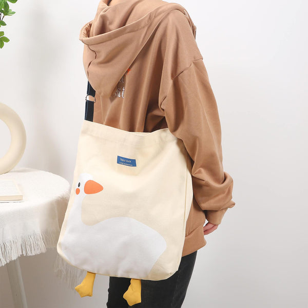 Phaoullzon Cute Canvas Tote Bag Funny Duck Cat Bags Hobo Large Kawaii Shoulder Crossbody Bag