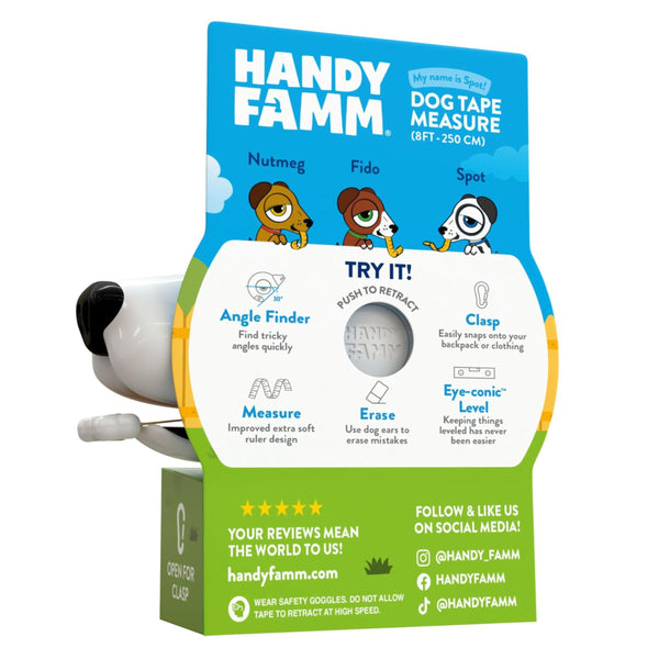 Handy Famm 8ft Interactive Dog Tape Measure for Kids with Level & Angle Finder, Montessori Educational Toys, Animal Shaped Childrens Tool Set with Puppy Bone, Pocket Tape Measure for Kids 3+ (Spot)