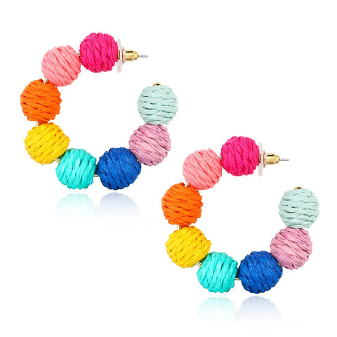 Hoop Earrings for Women Colorful Bohemian Rattan Earrings Handmade Rainbow Ball Earrings Raffia Circle Dangle Drop Earrings for Girls