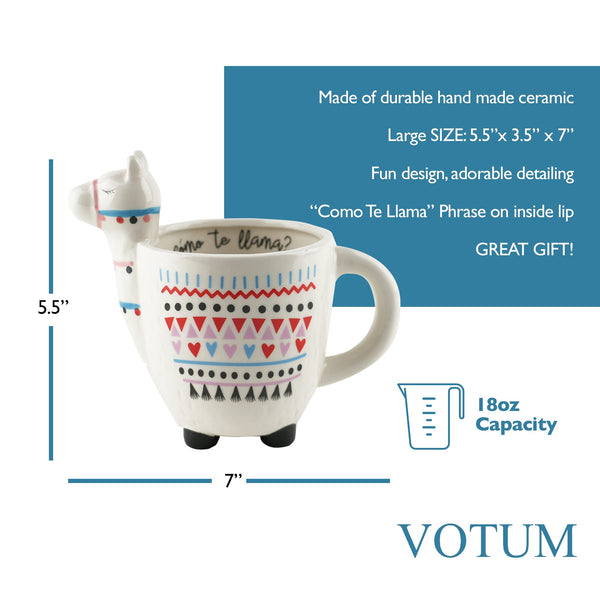 VOTUM Animal-Shaped Llama Coffee Mug, 18.6 fl. oz. - Handmade, Adorable Tea Cup with Llama Head, Hooves, Printed Como Te Llama Writing - Premium Ceramic Gifts for Women & Men