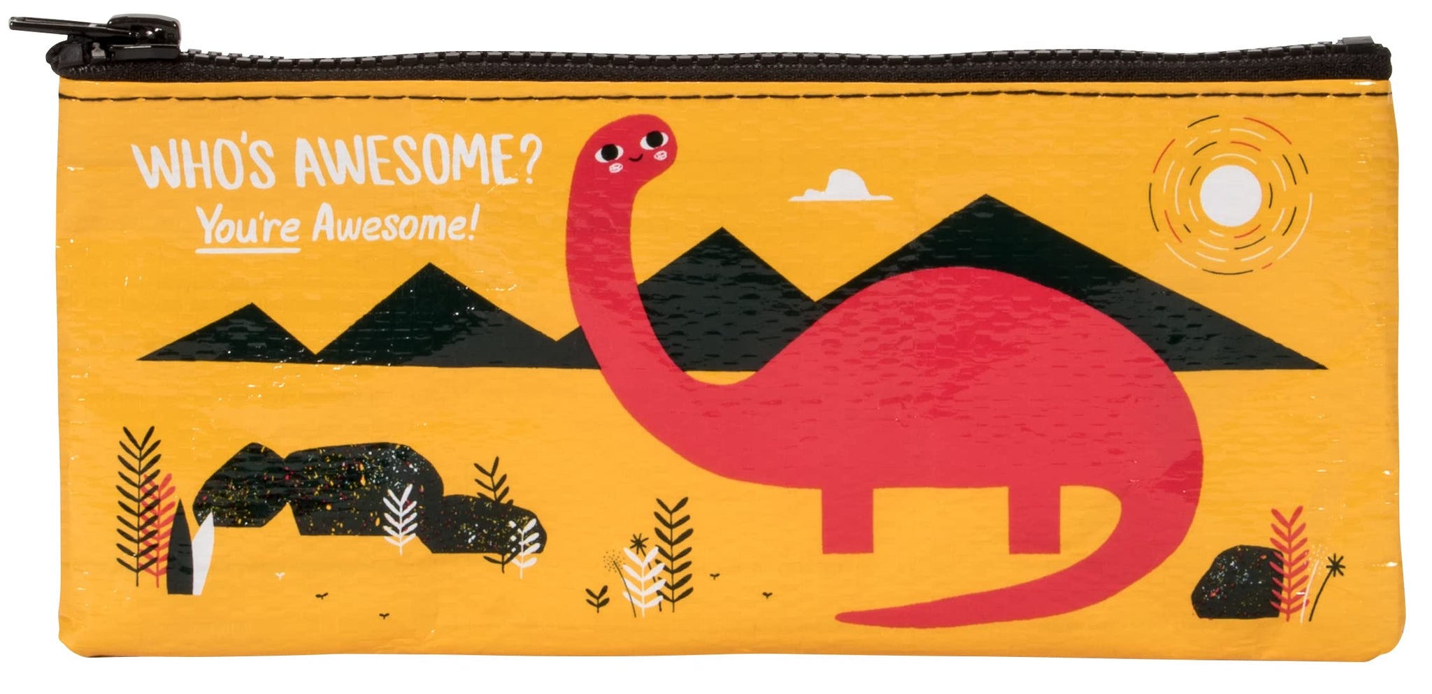 Blue Q Pencil Case ~ Who's Awesome? You're Awesome! (dinosaur with dimples). Hefty Zipper, Easy-to-Rinse-Clean, 95% Recycled Material. Store Makeup, Chargers, Coupons, Pencils. 4.25" h x 8.5" w