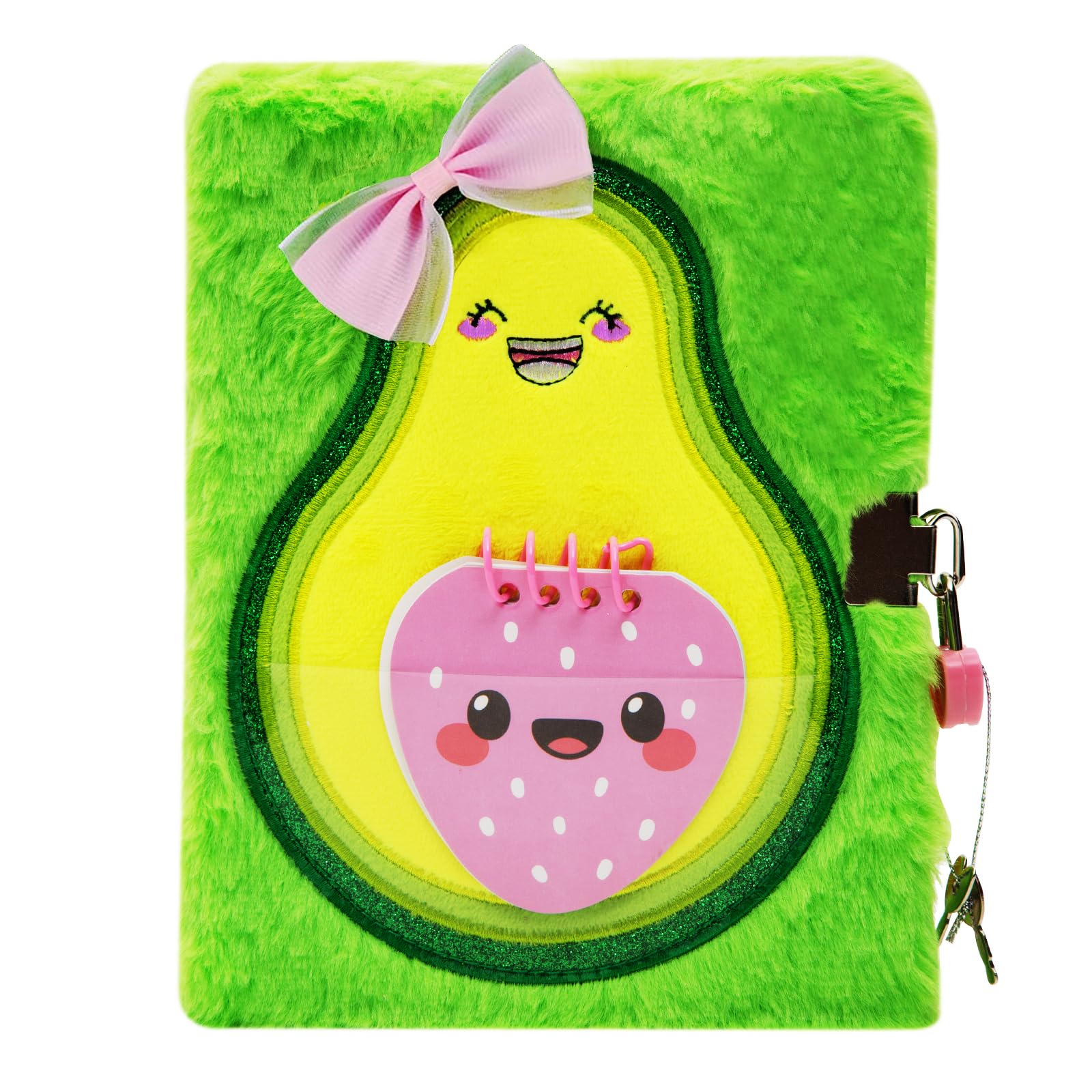 SuperStyle Diary for Girls with Lock and Keys, Cute Avocado Plush Diary Secret Diary, Writing Journal Lined Pages Notebook Side Pocket Design Gift Set for Kids