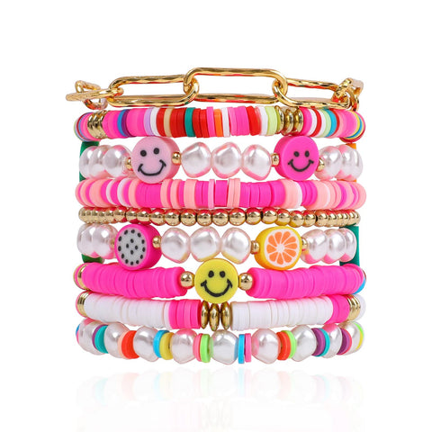 Preppy Bracelets for Women Girls Colorful Clay Heishi Surfer Beaded Bracelets Y2K Fruit Smiley Face Pearl Aesthetic Stackable Stretch Friendship Bracelets Bead Bracelet Set for Summer Beach Pink