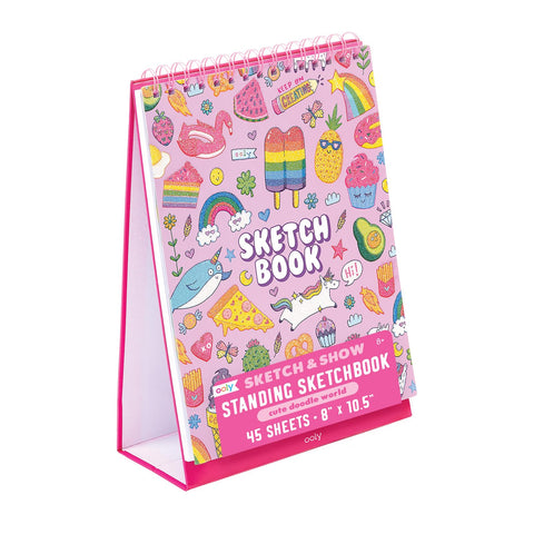 OOLY Sketch and Show Standing Sketchbook with 45 Large 10.5 x 8" Pages, Perforated to be Easily Removed, 120 GSM/ 32lb, Perfect for Markers, Colored Pencils and More [Cute Doodle World]