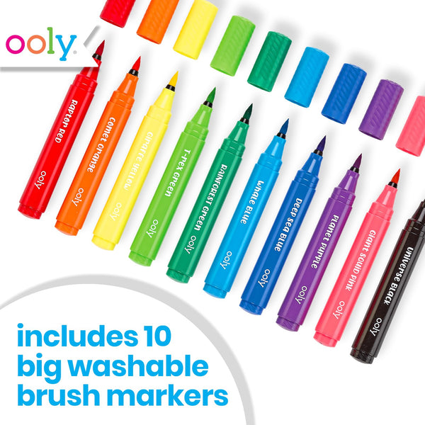 Ooly Thick Washable Markers with Jumbo Grip, Washable Toddler Markers, Big Bright Brush Tip Markers for Toddlers, Kids Markers Washable with Jumbo Barrel, Markers for Little Hands [BRUSH TIP]