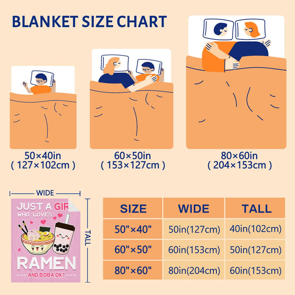 Just A Girl Who Loves Ramen and Boba Blanket, Cute Anime Blanket, Kawaii Gifts for Girls Teens, Ramen Noodles and Boba Tea Blanket, Funny Teens Girls Anime Room Decor, Hot Pink, 50"X40"