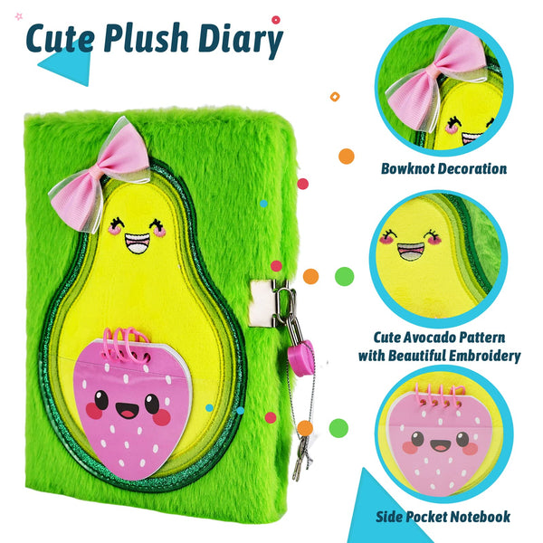 SuperStyle Diary for Girls with Lock and Keys, Cute Avocado Plush Diary Secret Diary, Writing Journal Lined Pages Notebook Side Pocket Design Gift Set for Kids