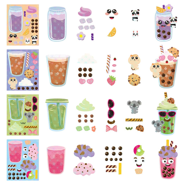 B1ykin 40Pcs Boba Tea Party Make a Face Sticker Sheets, Make Your Own Holographic Bubble Tea Shiny Stickers Game, Boba Milk Tea Mix and Match Art Craft for Girls Boys Kids Birthday Party Favor Supply