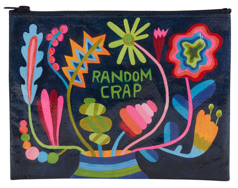 Blue Q Zipper Pouch, Random Crap Floral. Made from 95% Recycled Plastic, Chunky Sturdy Zipper, Easy-to-Wipe-Clean. 7.25" h x 9.5" w