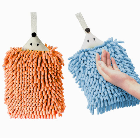 sisiten Hand Towel with Button Hanging Loop for Bathroom 、Kitchen | Funny Microfiber Chenille Hand Drying Towel, Cute Animal Hedgehog Style, Absorbent Fast, 2 Pack