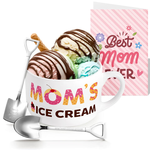 R HORSE Ice Cream Bowl Gift Set Mom Ice Cream Bowl Engraved Shovel Spoon Set with Best Mom Ever Card Gifts for Mom Woman Ice Cream Cereal Fruit Tableware Kit Mother’s Day Birthday Gift