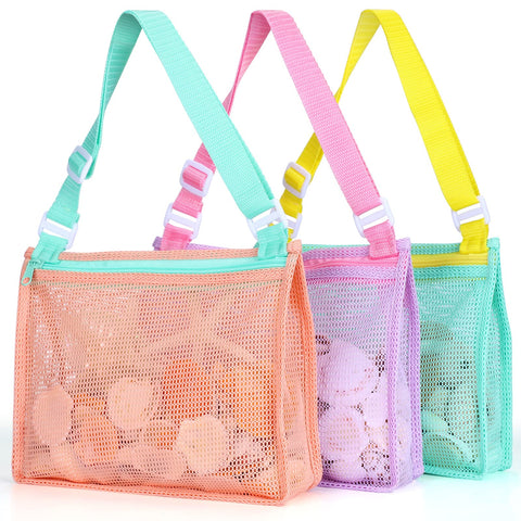 Tagitary Beach Toy Mesh Beach Bag Kids Shell Collecting Bag Beach Sand Toy Shells Beach Toys Swimming Accessories for Boys and Girls(Only Bags,A Set of 3)