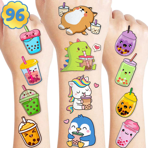 96 PCS Boba Bubble Milk Tea Temporary Tattoos Stickers Theme Birthday Party Decorations Supplies Favors Decor Cute Tattoo Sticker Gifts for Kids Boys Girls Classroom Rewards Prizes Christmas Carnival