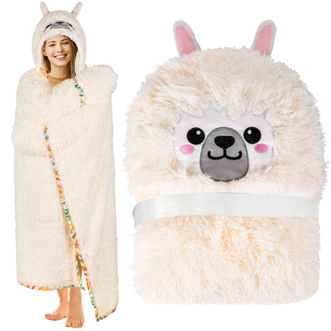 Llama Alpaca Wearable Hooded Blanket for Adults - Fluffy Super Soft Shaggy Faux Fur, Fuzzy Warm Cozy Plush Furry Fleece & Sherpa Hoodie Throw Cloak Wrap - Llama Gifts for Women Adults and Kids