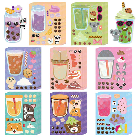 B1ykin 40Pcs Boba Tea Party Make a Face Sticker Sheets, Make Your Own Holographic Bubble Tea Shiny Stickers Game, Boba Milk Tea Mix and Match Art Craft for Girls Boys Kids Birthday Party Favor Supply